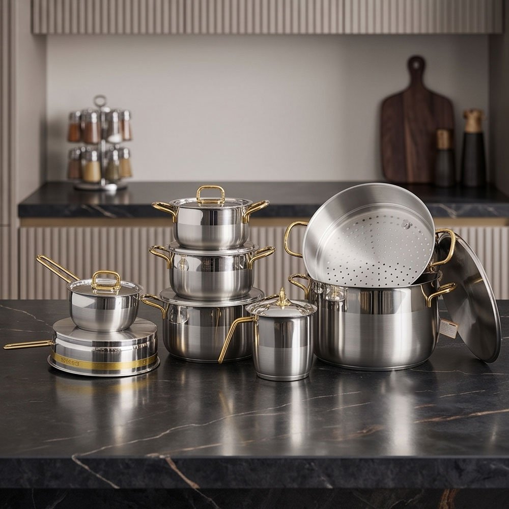 Alpha 14-Piece Gold-Accented Stainless Steel Cookware Set for Kitchen Cooking - Image 5