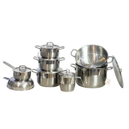 Alpha 14-Piece Silver Stainless Steel Cookware Set for Modern Kitchen Cooking