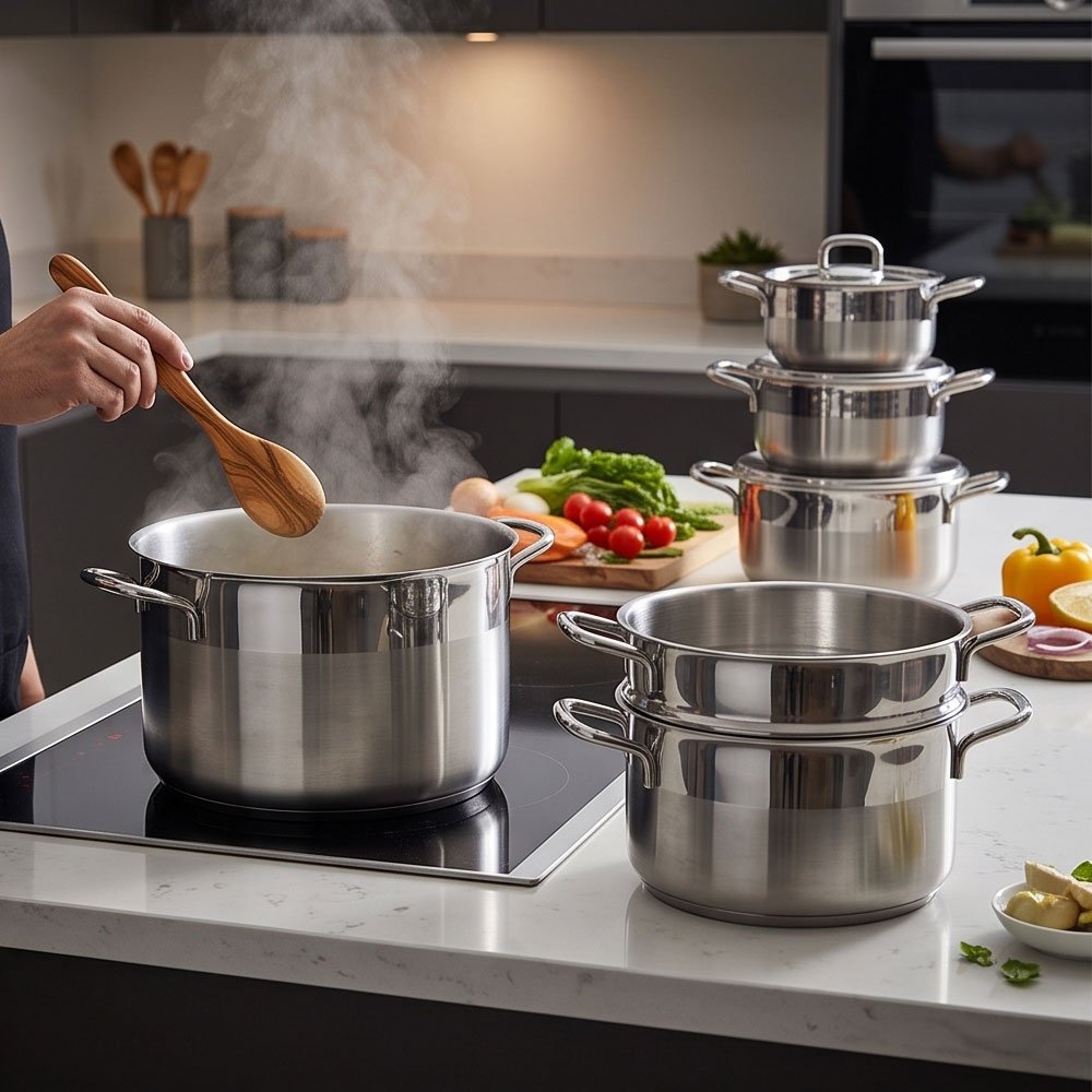 Alpha 14-Piece Silver Stainless Steel Cookware Set for Modern Kitchen Cooking - Image 4