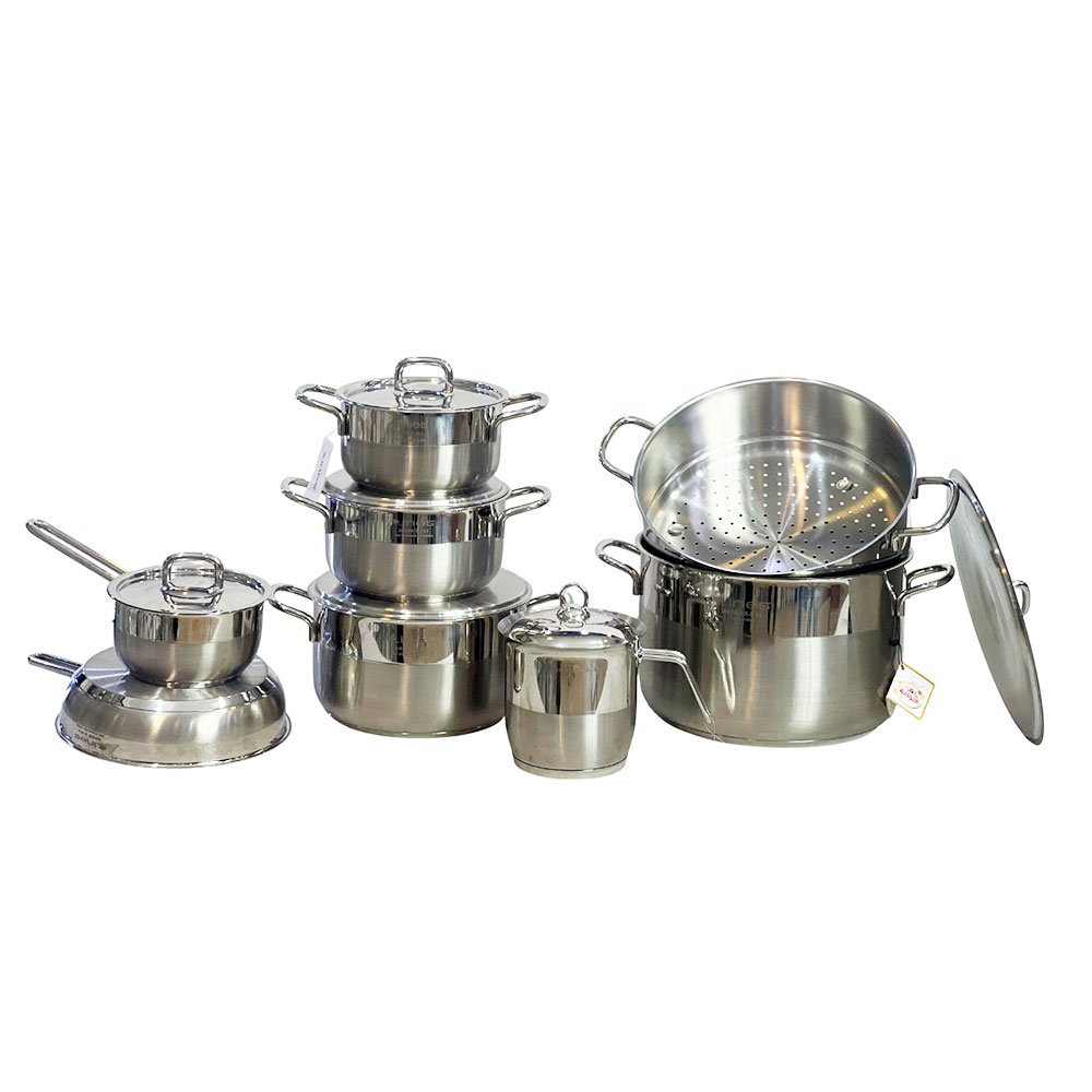 Alpha 14-Piece Silver Stainless Steel Cookware Set for Modern Kitchen Cooking
