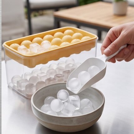 Ice Cube Mold Maker Tray Box Container with Ice Scoop 2 in 1 Set Yellow